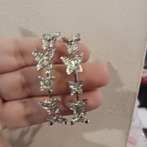 Silver Diamond Butterfly Hoop Earrings - Picture 6 of 9